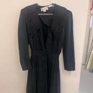 Black Vintage Karin Stevens Collar Jacquard Button Down Dress with Lace Accents